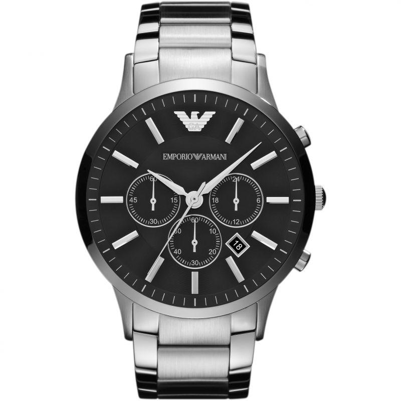 Mens Gents Silver Black Stainless Steel Chronograph Emporio