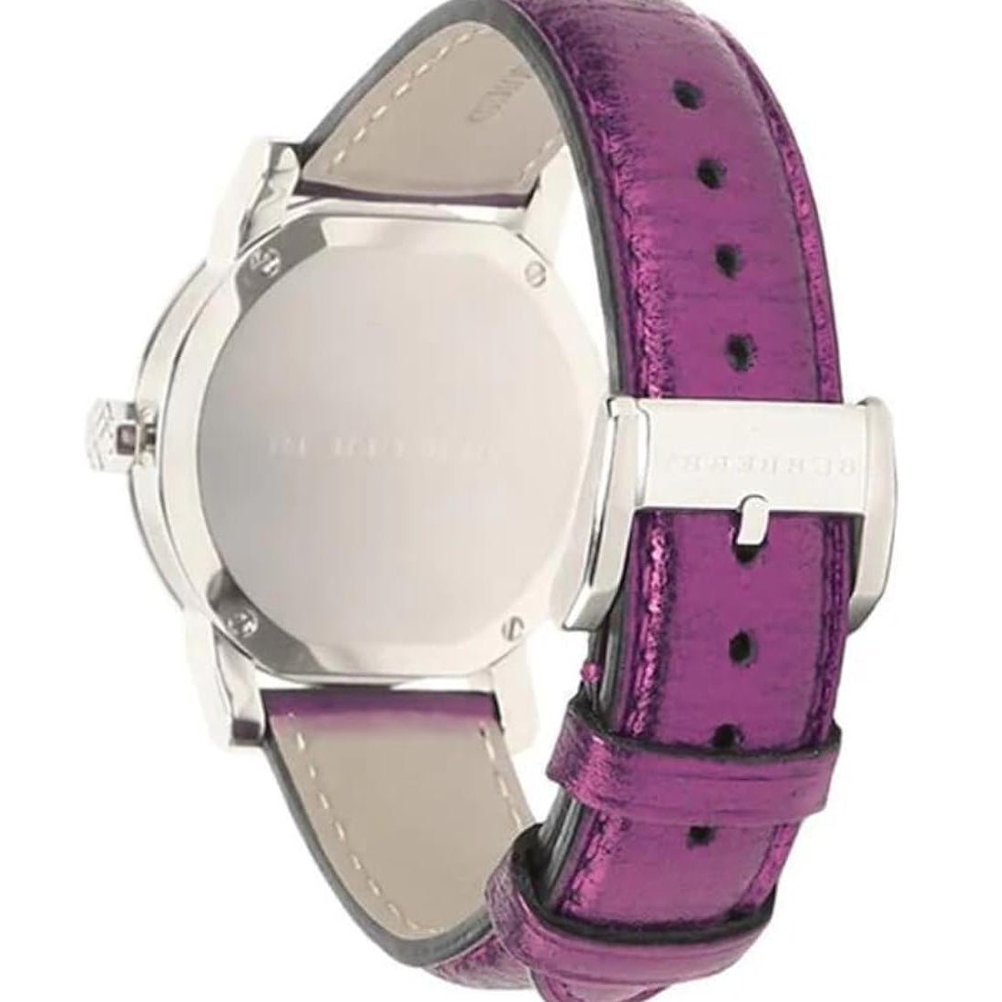 Ladies / Womens Purple Leather Strap Silver Dial Burberry Designer Watch BU9122