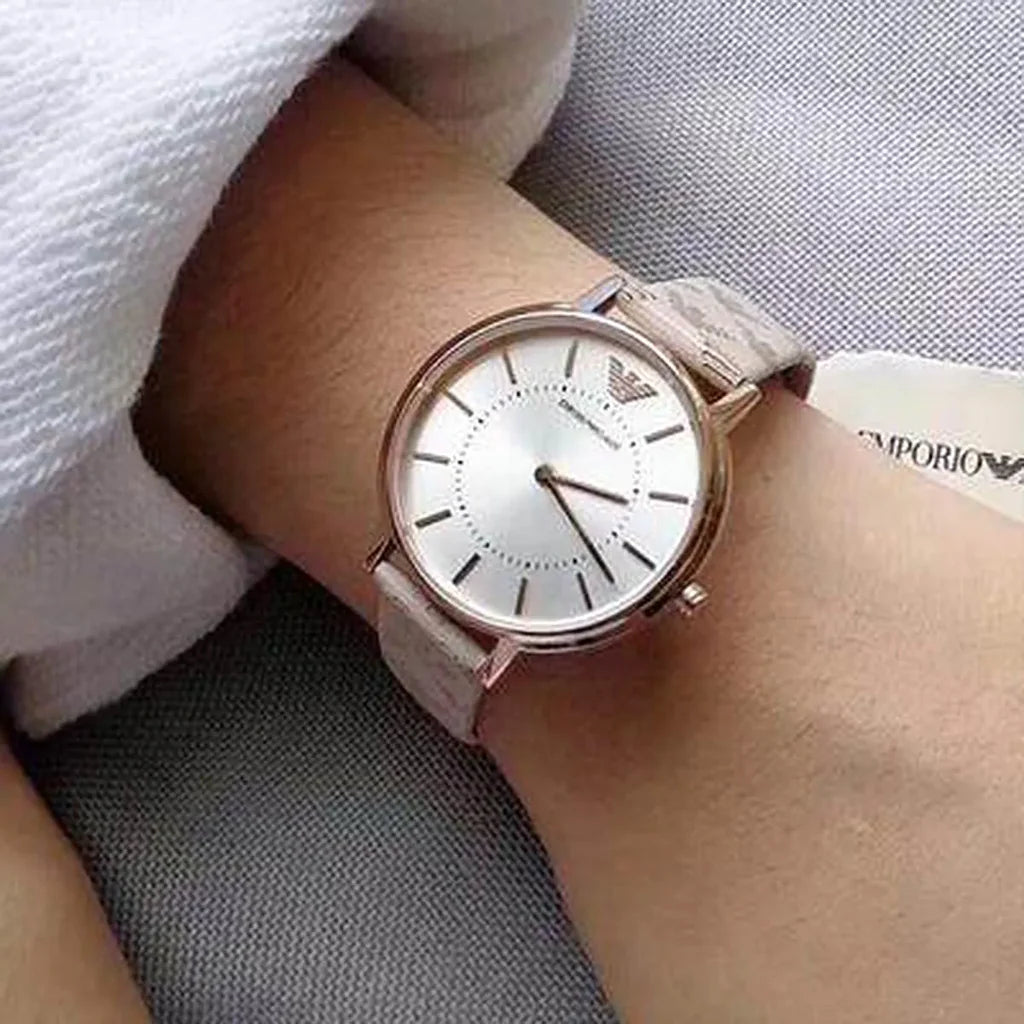 Ladies / Womens Classic White Branded Leather Strap Emporio Armani Designer Watch AR11008