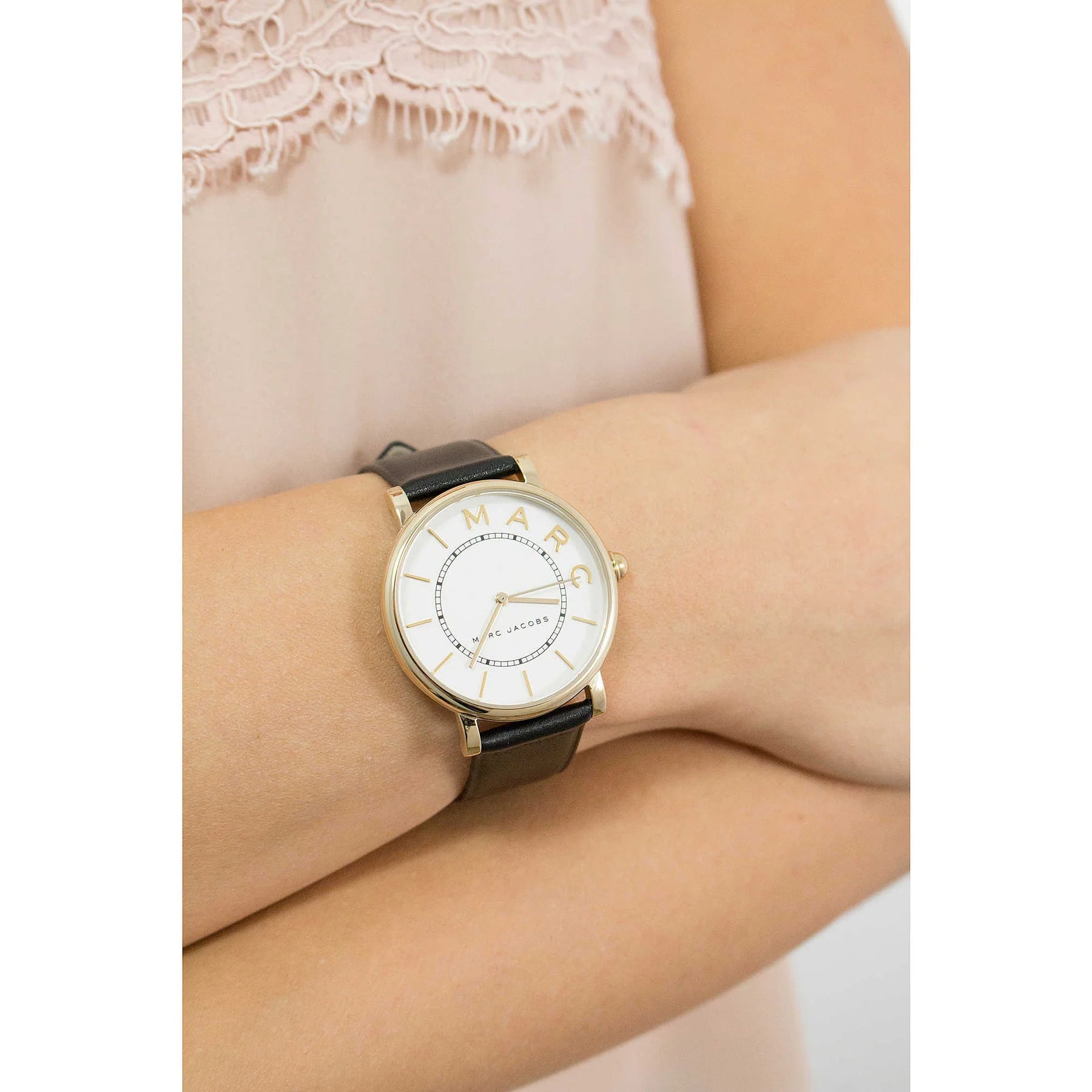 Ladies / Womens Roxy White Dial Black Leather Marc Jacobs Designer Watch MJ1532