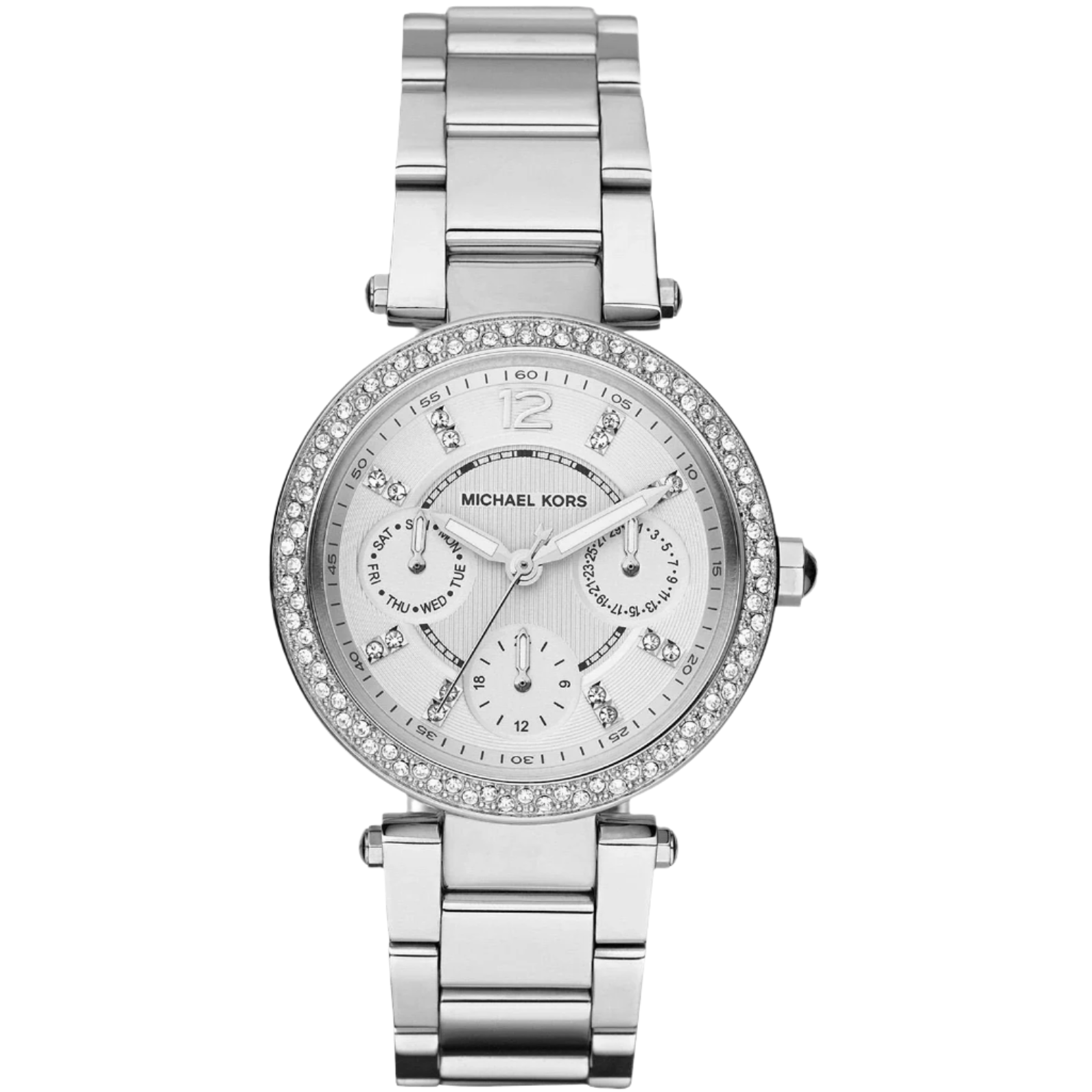 Ladies / Womens Mini Parker Silver Stainless Steel Chronograph Michael Kors Designer Watch MK5615