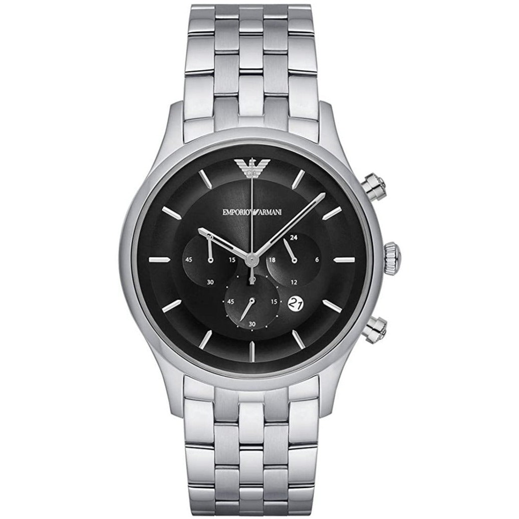 Mens / Gents Black Dial Stainless Steel Chronograph Emporio Armani Designer Watch AR11017