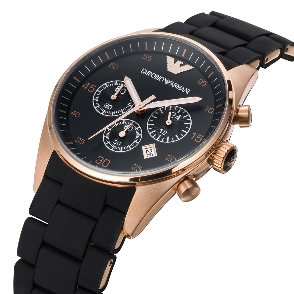 Mens / Gents Black and Rose Gold Silicone Chronograph Emporio Armani Designer Watch AR5905