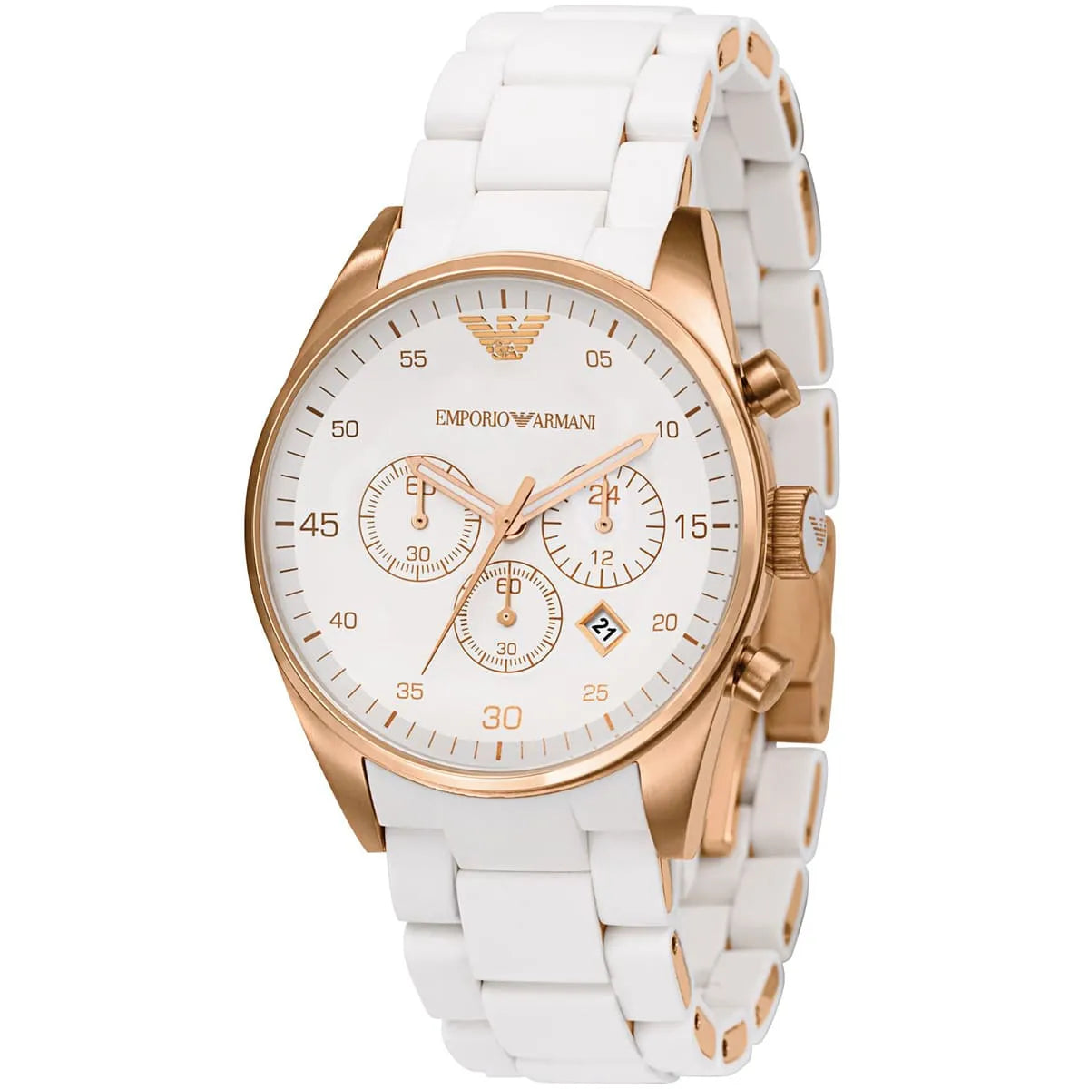 Ladies / Womens White and Rose Gold Chronograph Emporio Armani Designer Watch AR5920