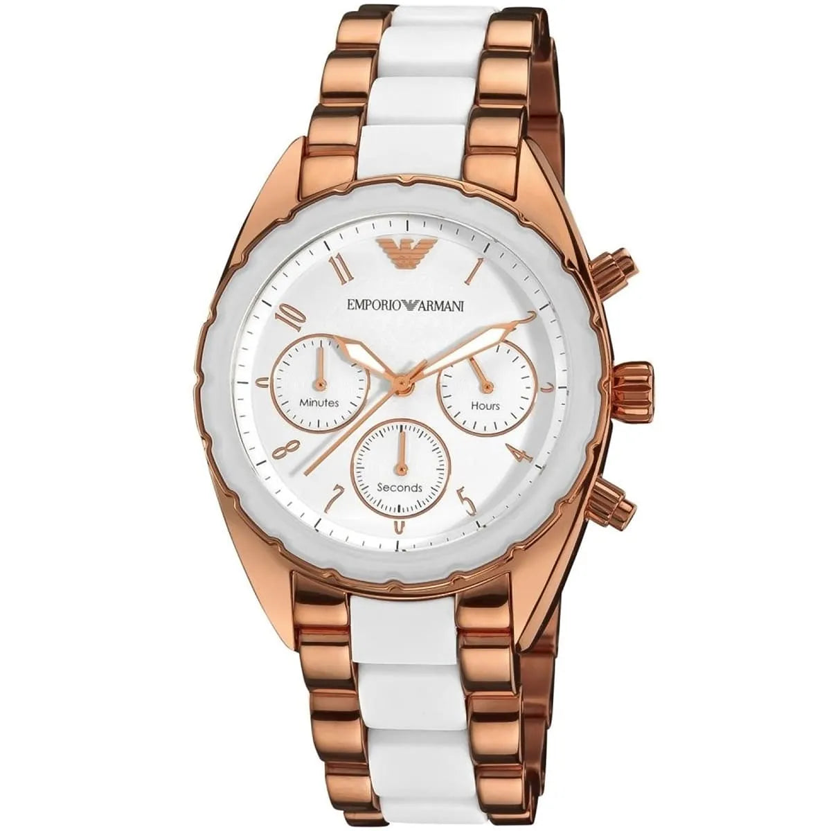 Ladies / Womens Rose Gold Stainless Steel Chronograph Emporio Armani Designer Watch AR5942