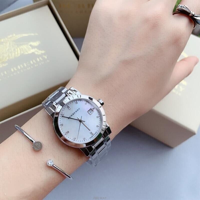 Ladies / Womens Silver Diamond-Accented Stainless Steel Burberry Designer Watch BU9125