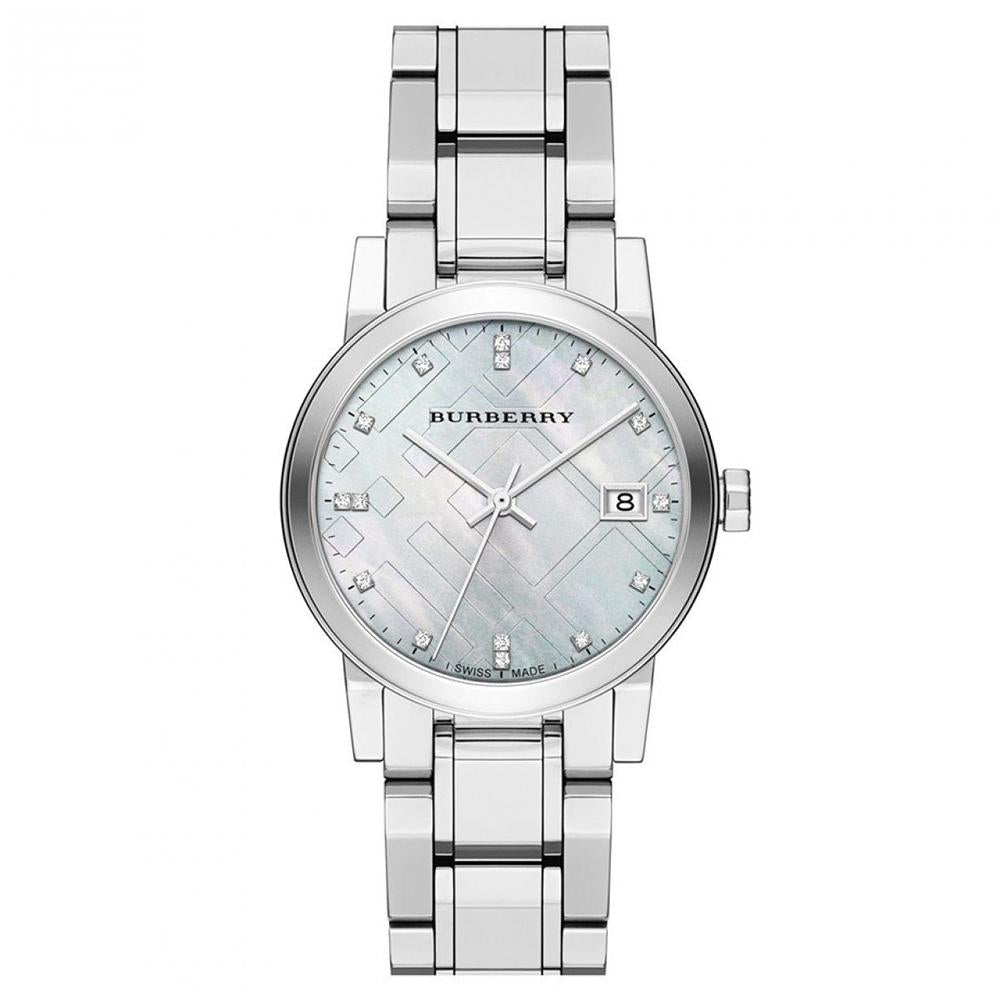 Ladies / Womens Silver Diamond-Accented Stainless Steel Burberry Designer Watch BU9125