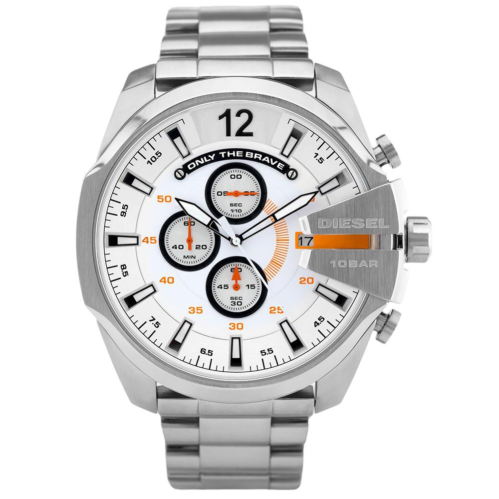 Mens / Gents Silver Mega Chief Stainless Steel Chronograph Diesel Designer Watch DZ4328