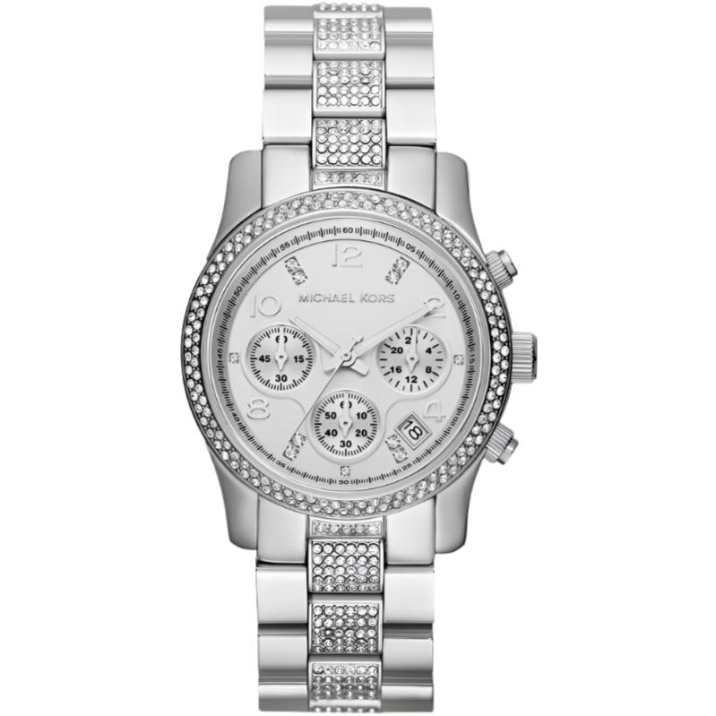 Ladies / Womens Runway Silver Glitz Stainless Steel Chronograph Michael Kors Designer Watch MK5825