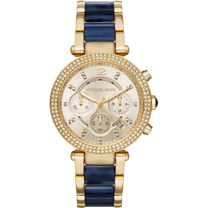 Ladies / Womens Parker Two-Tone Blue Stainless Steel Chronograph Michael Kors Designer Watch MK6238