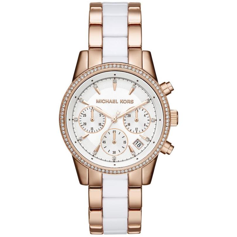 Ladies / Womens RITZ Two-Tone Rose Gold Stainless Steel Chronograph Michael Kors Designer Watch MK6324