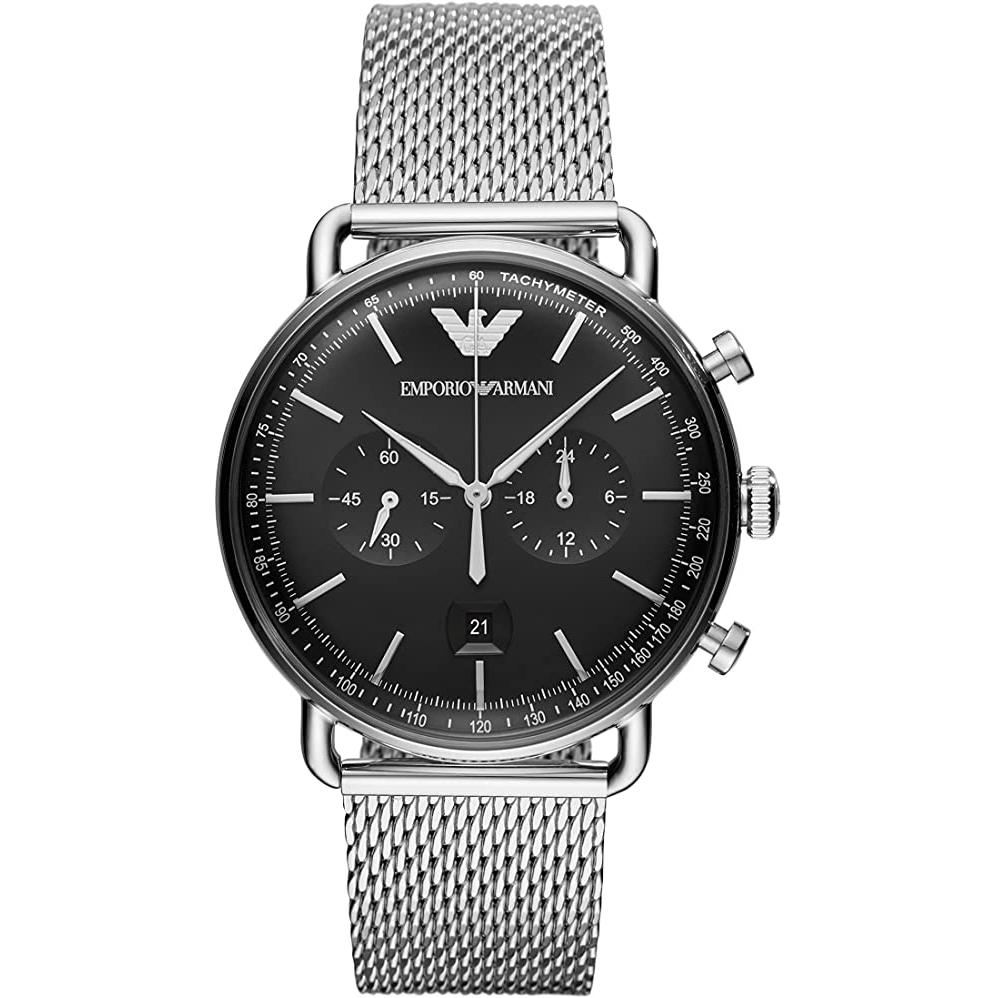 Mens / Gents Aviator Silver Stainless Steel Mesh Strap Emporio Armani Designer Watch AR11104