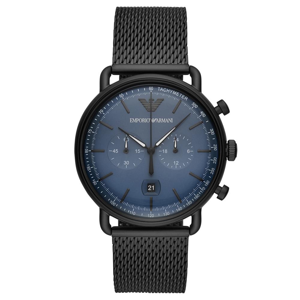 Mens / Gents Aviator Blue Dial Black Mesh Emporio Armani Designer Watch AR11201